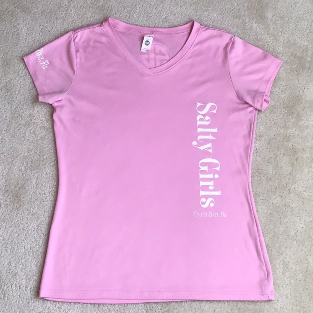 Salty Girls V-Neck Shirt, Pink w/White Text, Size Medium